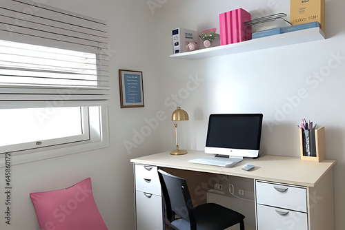 College students bedroom with desk for study and window. Preppy style