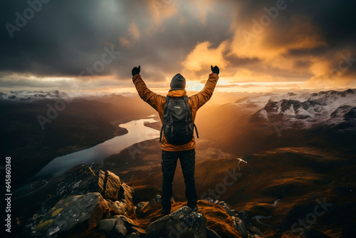 a man on top of a mountain raises his arms in victory