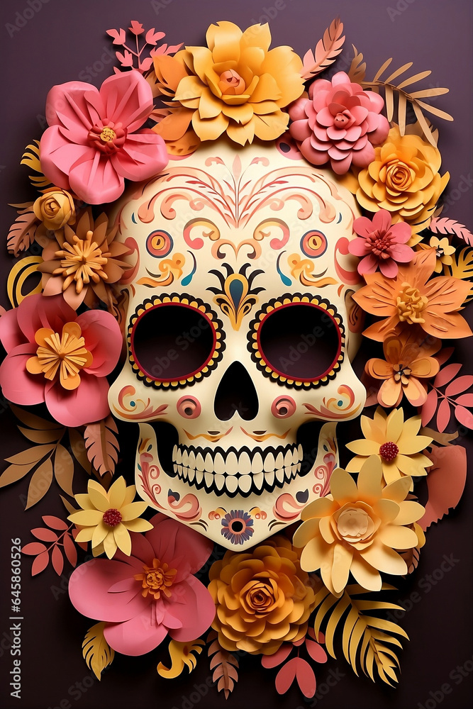 kull referring to Mexican tradition, Day of the Dead offering, represents catrina, with doodles on the face, pink and yellow flowers around on a purple background, paper technique.