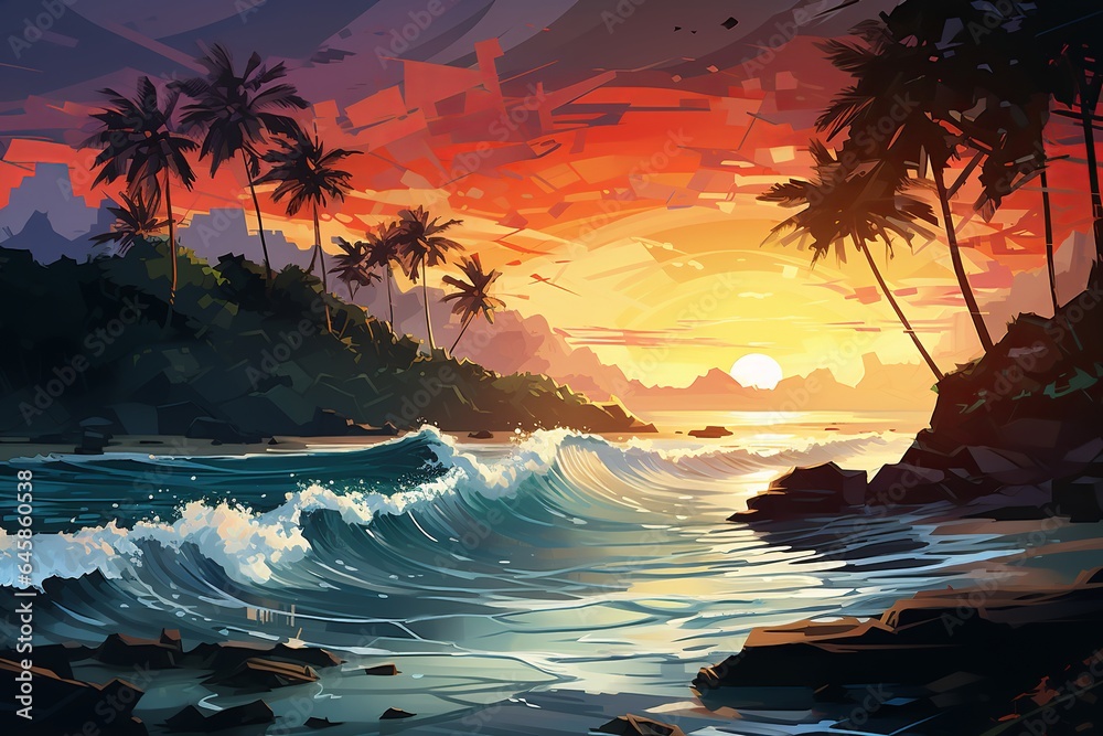 An Illustration of Sunset Beach. Creted with Generative AI Technology