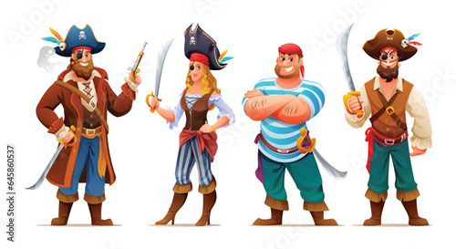 Set of male and female pirates with weapons. Cartoon characters illustration