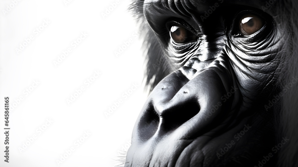 Gorilla face macro close-up, isolated on white background, copy space
