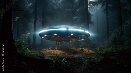 UFO in fog night forest. landing place. UFO in the sky is flying over the night city