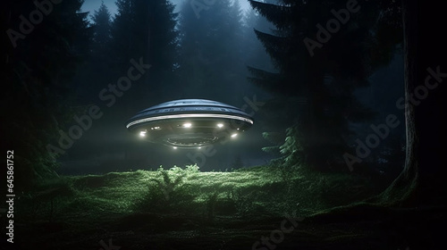 UFO in fog night forest. landing place. UFO in the sky is flying over the night city