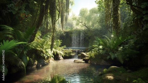 Panoramic beautiful deep forest waterfall. beautiful waterfall in green forest in jungle