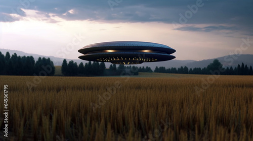 Fantastic dramatic image. UFO or alien spacecraft inspect grass field with bright spotlight. cool