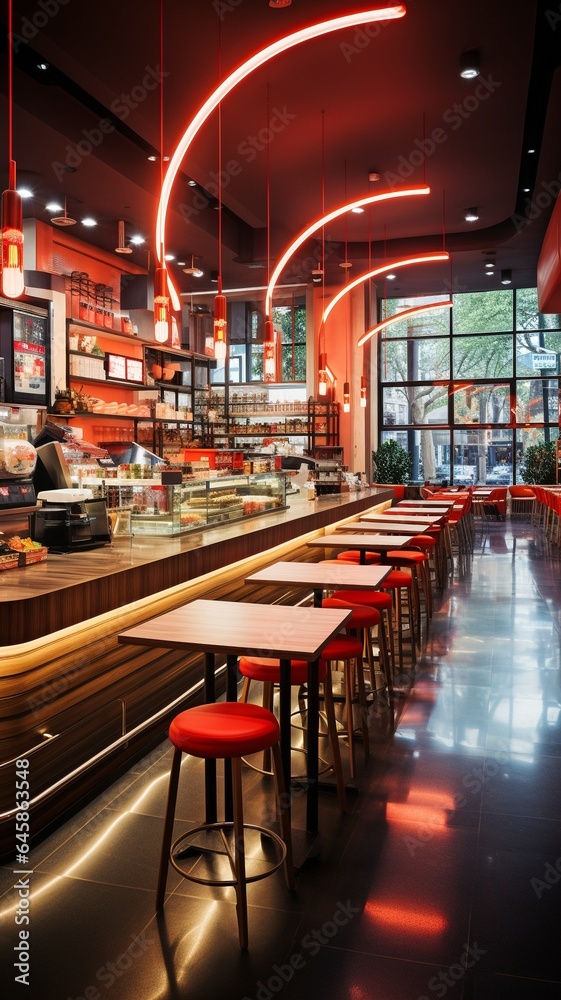 Modern interior lighting and seating in a fast food restaurant. Modern interior lighting and seating in a fast food restaurant.