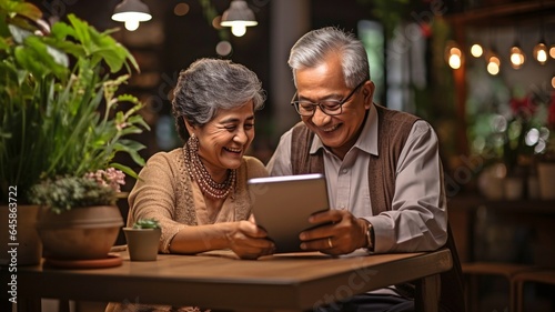 Indian senior couple enjoying fun together while using a tablet or smartphone.