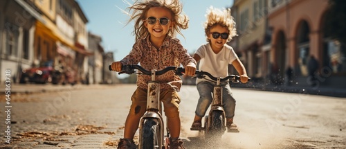 Take a ride. On a sunny day, a girl and boy enjoy riding electric scooters..