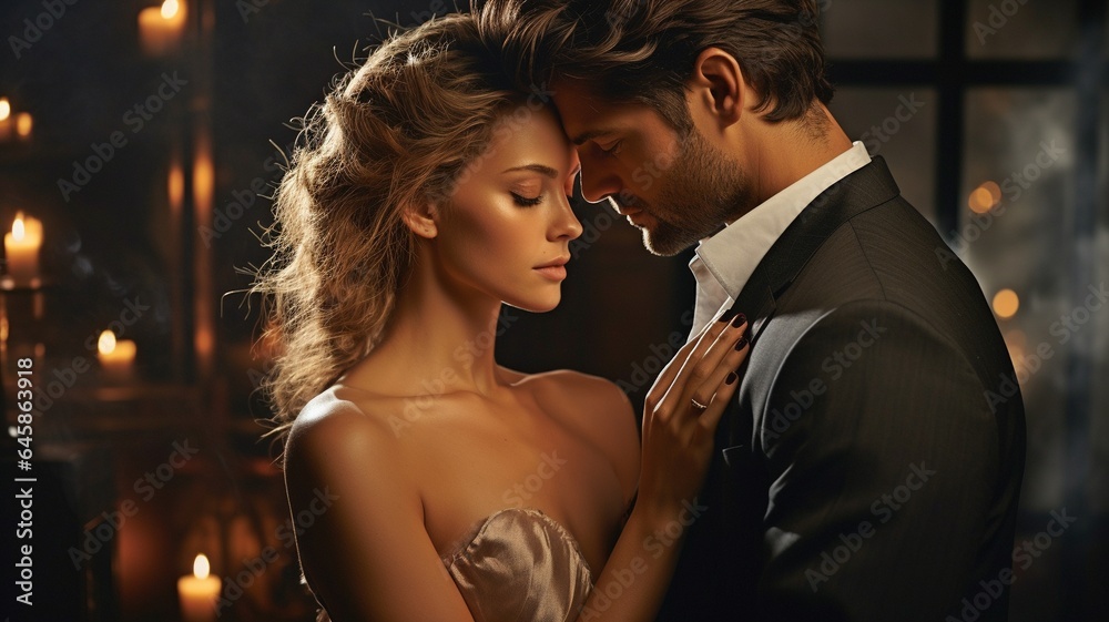 Romantic newlyweds clutching one another in a dark, lighted background.. Romantic newlyweds clutching one another in a dark, lighted background..