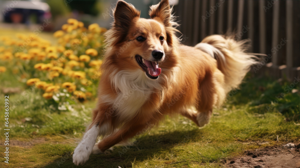 dog running and jumping happy in the field