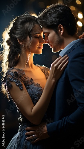 Romantic newlyweds clutching one another in a dark, lighted background..