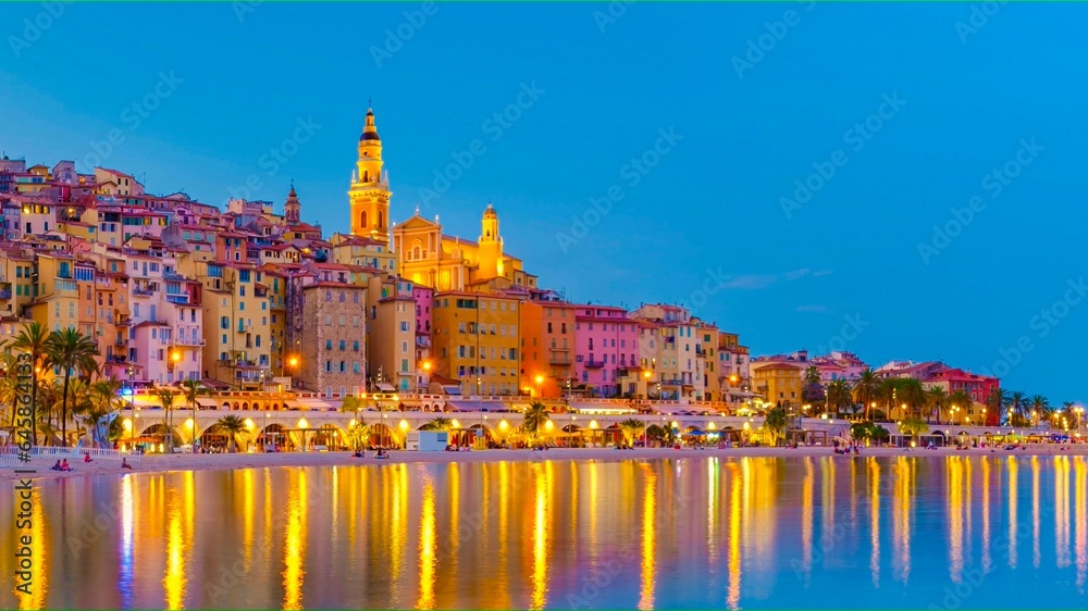 Menton, Provence-Alpes-Cote d'Azur, France Europe during a summer evening. Menton French rivieraa