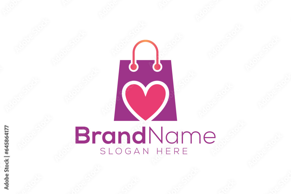 Trendy and minimal shopping bag and love vector logo design Trendy and minimal shopping bag and love vector logo design