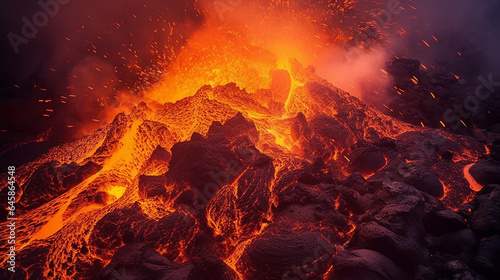 Illustration of a volcanic eruption with lava flowing down the slopes. © alionaprof