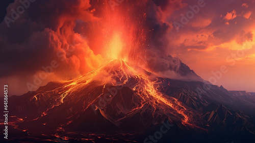 Illustration of a volcanic eruption with lava flowing down the slopes.