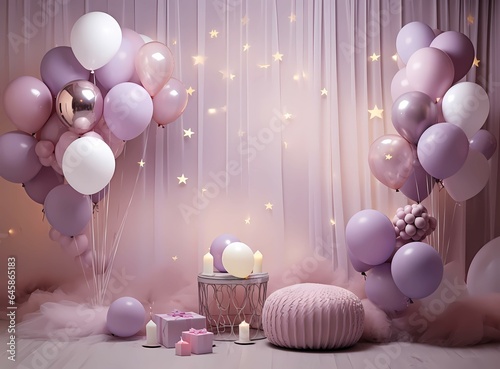 Pink Dreamscape Backdrop: Curtain, Balloons, Stars, and Candlelight
