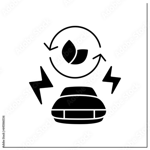 Electric car glyph icon. Green environment. Emit less greenhouse gases and air pollutants. Eco awareness concept.Filled flat sign. Isolated silhouette vector illustration