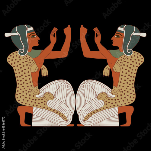 Symmetrical ethnic design with two kneeling praying ancient Egyptian men with raised hands. On black background.