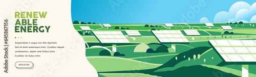 Green hills nature landscape Eco friendly technology, renewable alternative energy, solar panel, sustainable environment banner