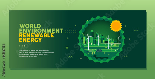 Green eco friendly city Ecology and environmental conservation sustainable development renewable energy banner template
