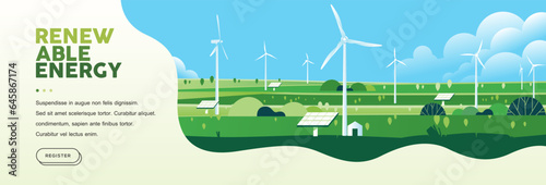 Green hills nature landscape Eco friendly technology, renewable alternative energy, wind turbine, sustainable environment banner