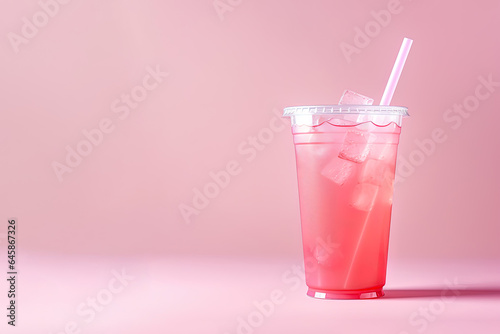 Pink drink in plastic cup isolated on pink background. Take away drinks concept with copy space