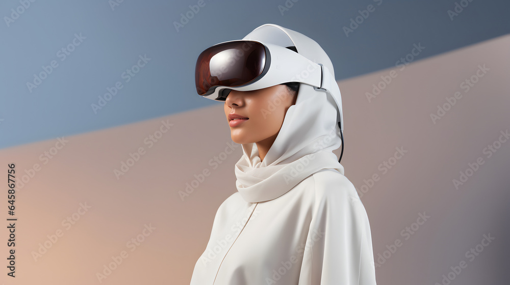 Obraz premium Young woman wearing a mixed reality headset and experiencing simulation, metaverse and cyberspace.