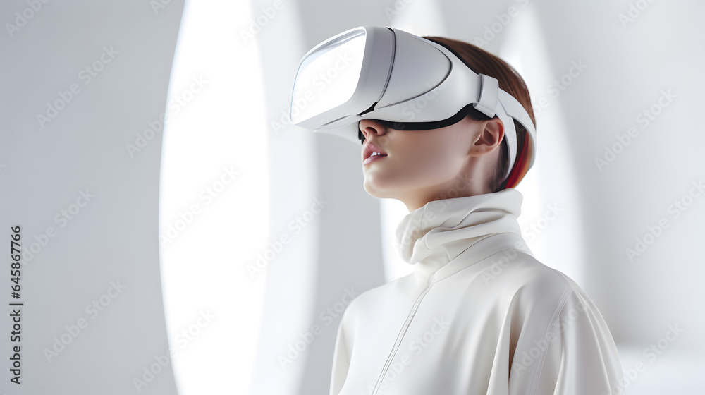 Young woman wearing a mixed reality headset and experiencing simulation, metaverse and cyberspace. Young woman wearing a mixed reality headset and experiencing simulation, metaverse and cyberspace.