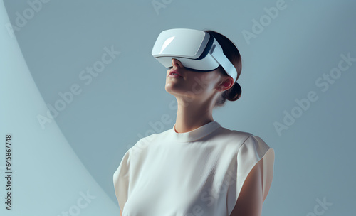 Young woman wearing a mixed reality headset and experiencing simulation, metaverse and cyberspace. © ZayWin