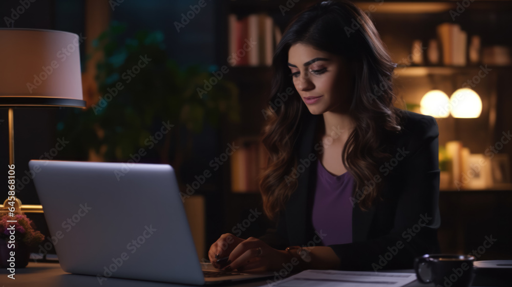 Nighttime productivity: Young businesswoman typing on laptop in home Nighttime productivity: Young businesswoman typing on laptop in home