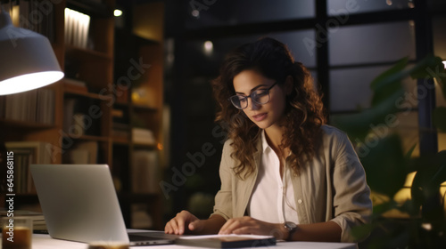Nighttime productivity: Young businesswoman typing on laptop in home