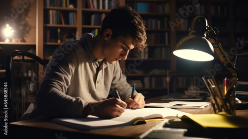 Young male student studying in preparation for exams at night at his study table.