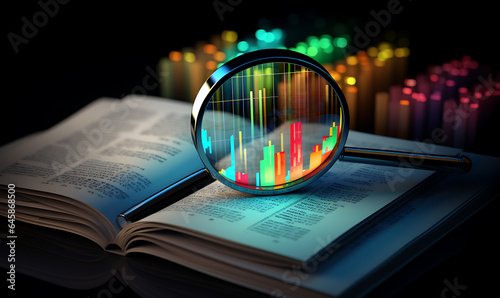 Magnifier on book data analyst or data scientist with statistic business future design with black background AI image generative