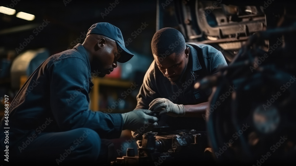 Auto garage worker Black African working together to fix service car vehicle wheel support together