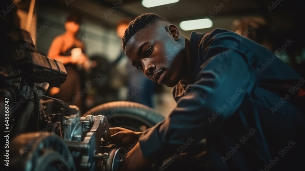 Auto garage worker Black African working together to fix service car vehicle wheel support together