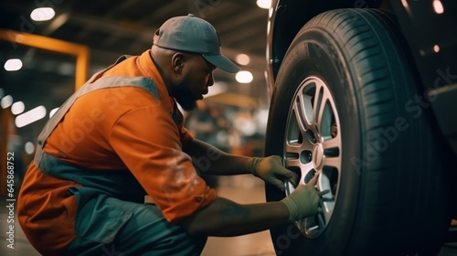 Auto garage worker Black African working together to fix service car vehicle wheel support together