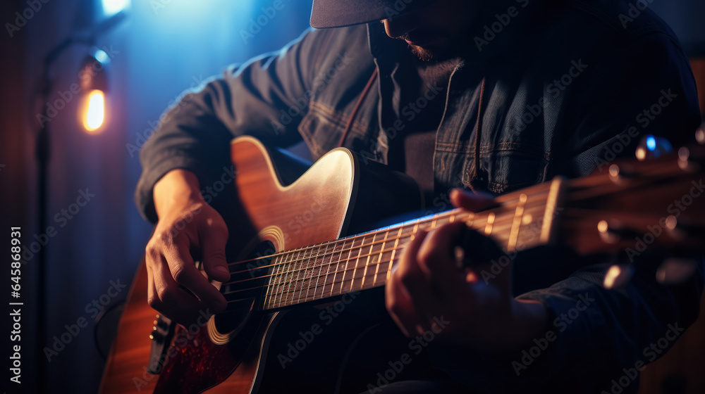 Obraz premium Guitarist and producer tuning his acoustic guitar