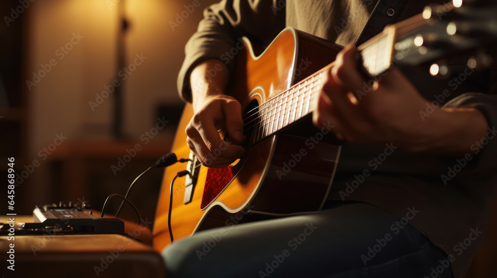 Fototapeta premium Guitarist and producer tuning his acoustic guitar