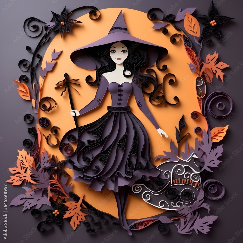 Paper quilled Halloween Witch girl isolated on a dark background Paper quilled Halloween Witch girl isolated on a dark background