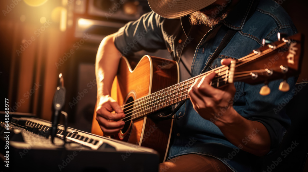 Obraz premium Guitarist and producer tuning his acoustic guitar