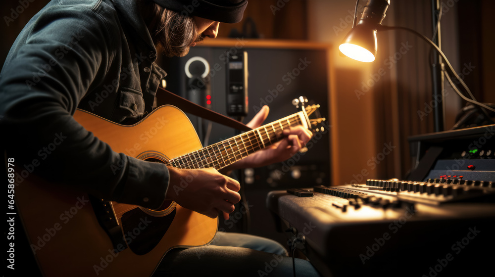 Obraz premium Guitarist and producer tuning his acoustic guitar