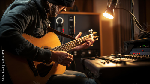 Guitarist and producer tuning his acoustic guitar