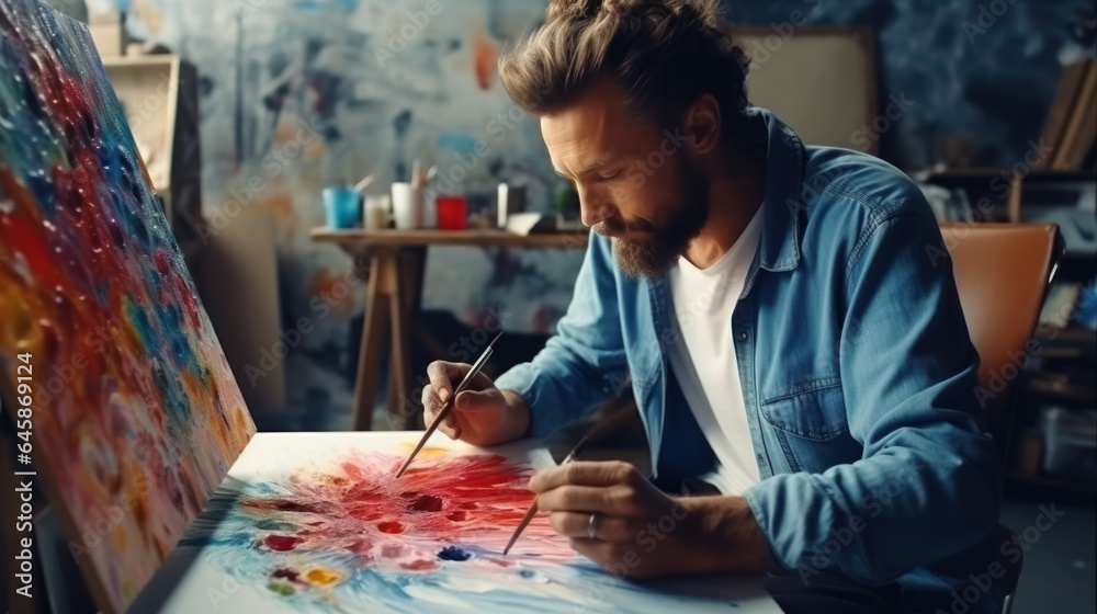 Fototapeta premium Inspired artist. Talented young man looking at the canvas while creating a masterpiece
