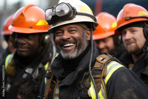 Smiling Diverse Workers in Safety Gear with Focus on African American Man in White Helmet