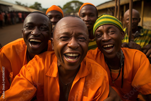 African Workers in Orange Uniforms Taking a Group Selfie in a Village © mathiasalvez