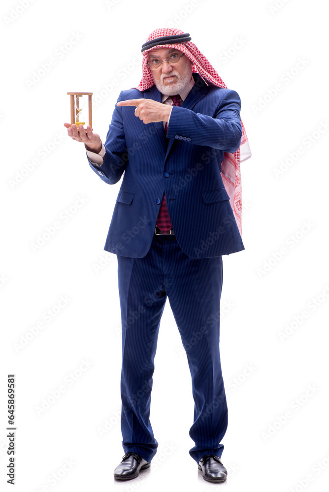Old arab businessman isolated on white in time management concep Old arab businessman isolated on white in time management concep