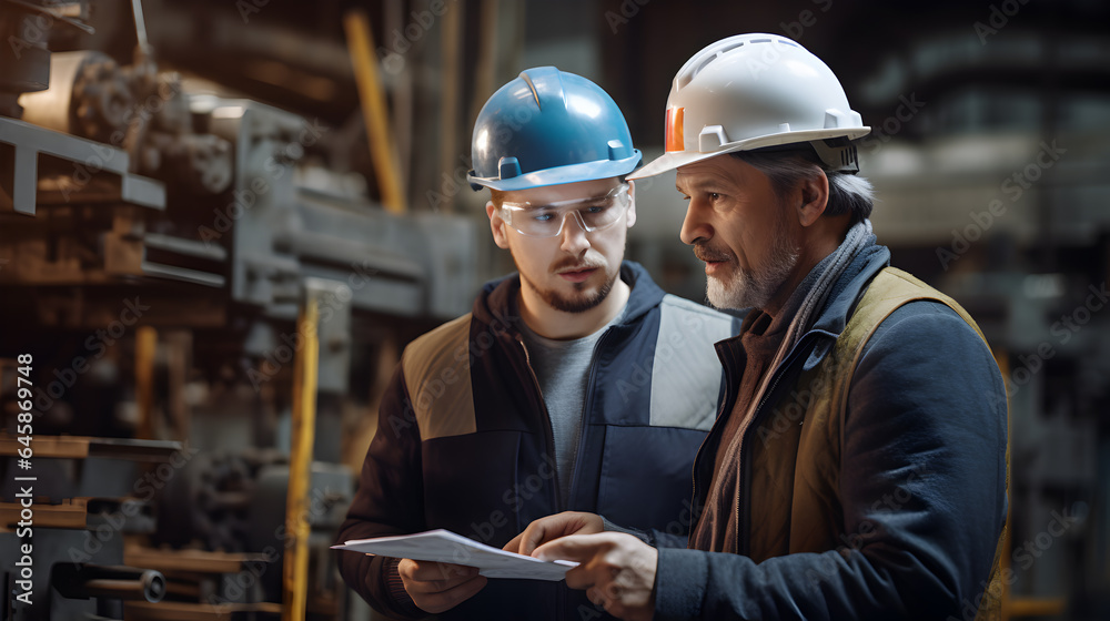 A 25 year old man is looking a blueprint in a factory with his 60 year old father. They are both wearing hard hats. They are having a serious conversation.