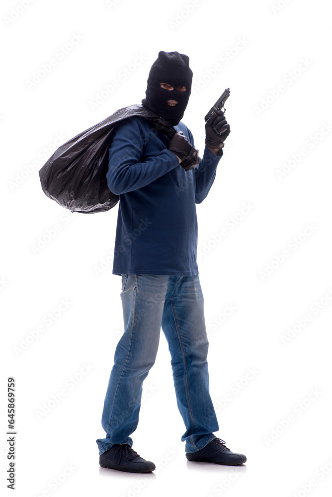 Young male burglar stealing money isolated on white Young male burglar stealing money isolated on white