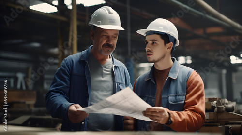 A 25 year old man is looking a blueprint in a factory with his 60 year old father. They are both wearing hard hats. They are having a serious conversation.